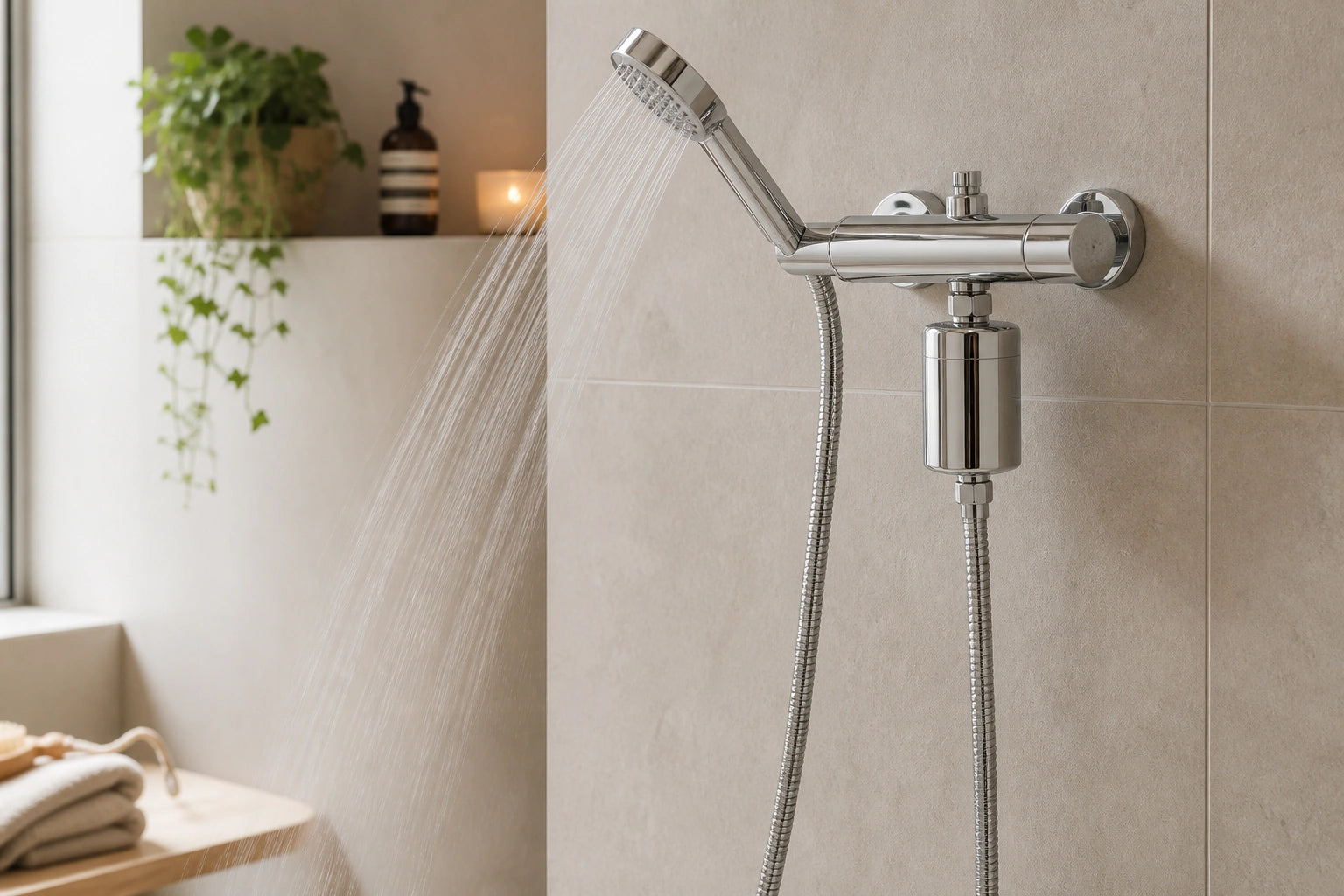 Filtre de douche WFSH-S installé à taille réelle sous un mitigeur chromé
