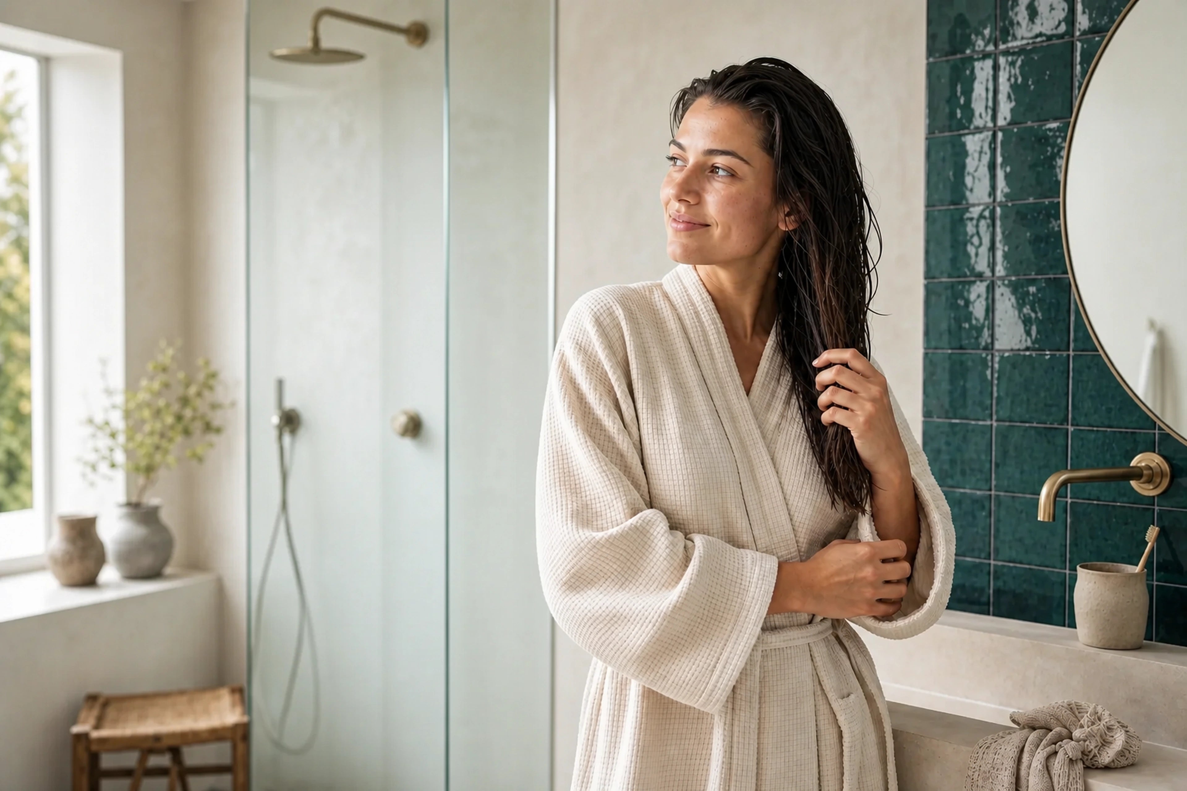 Femme en peignoir touchant ses cheveux mouillés dans une salle de bains lumineuse