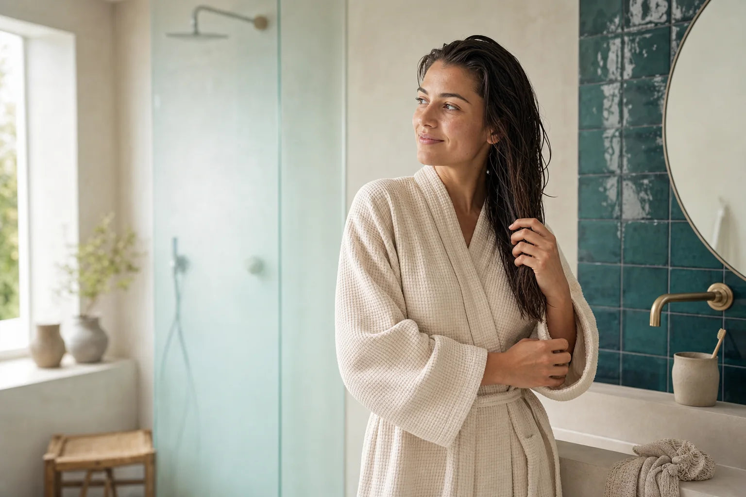 Femme en peignoir touchant ses cheveux mouillés dans une salle de bains lumineuse