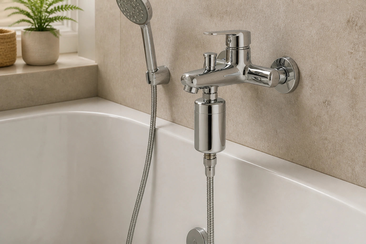 Filtre WFSH-S compact installé sous un mitigeur de baignoire