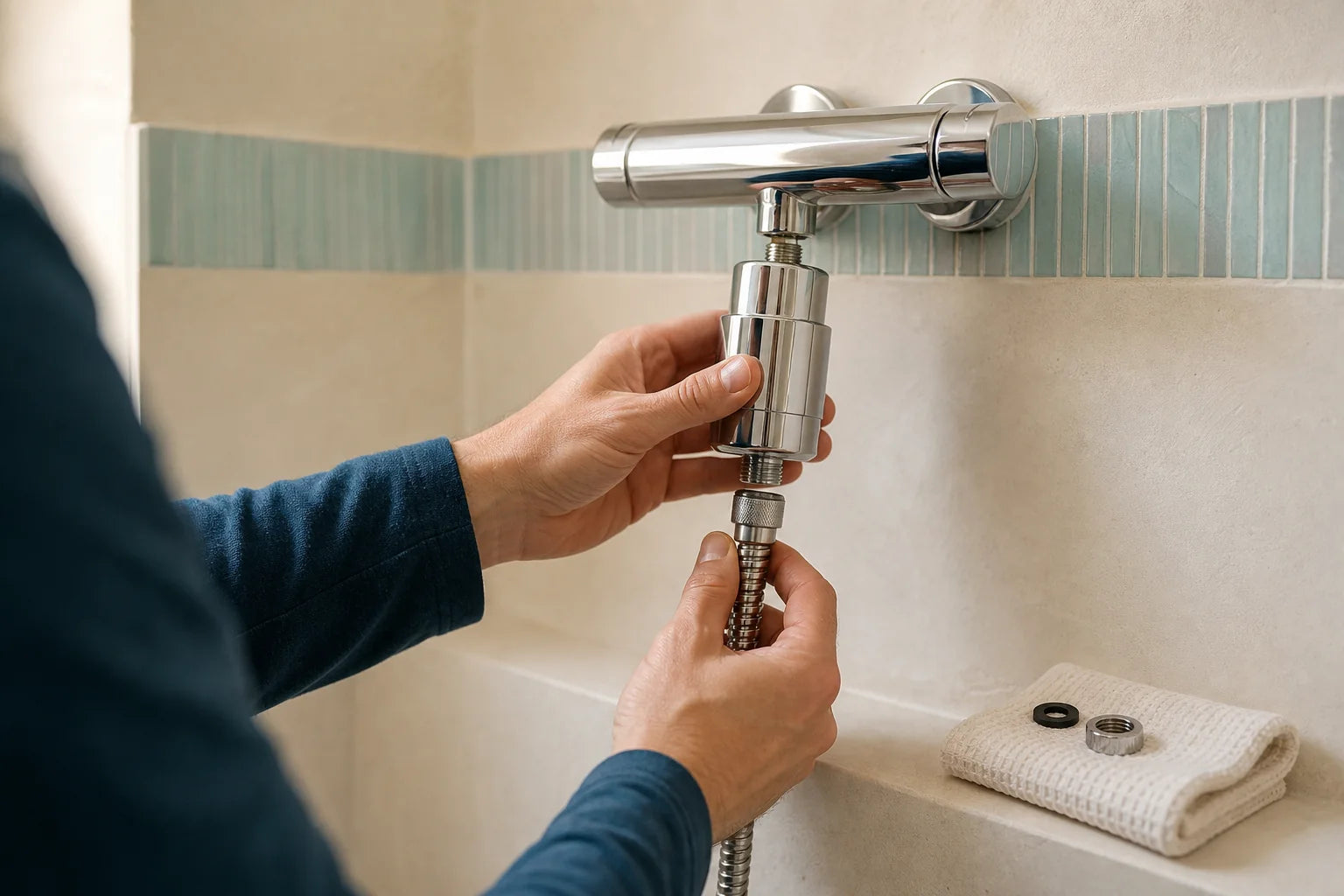 Locataire vérifiant le raccord de sa douche avant une installation démontable