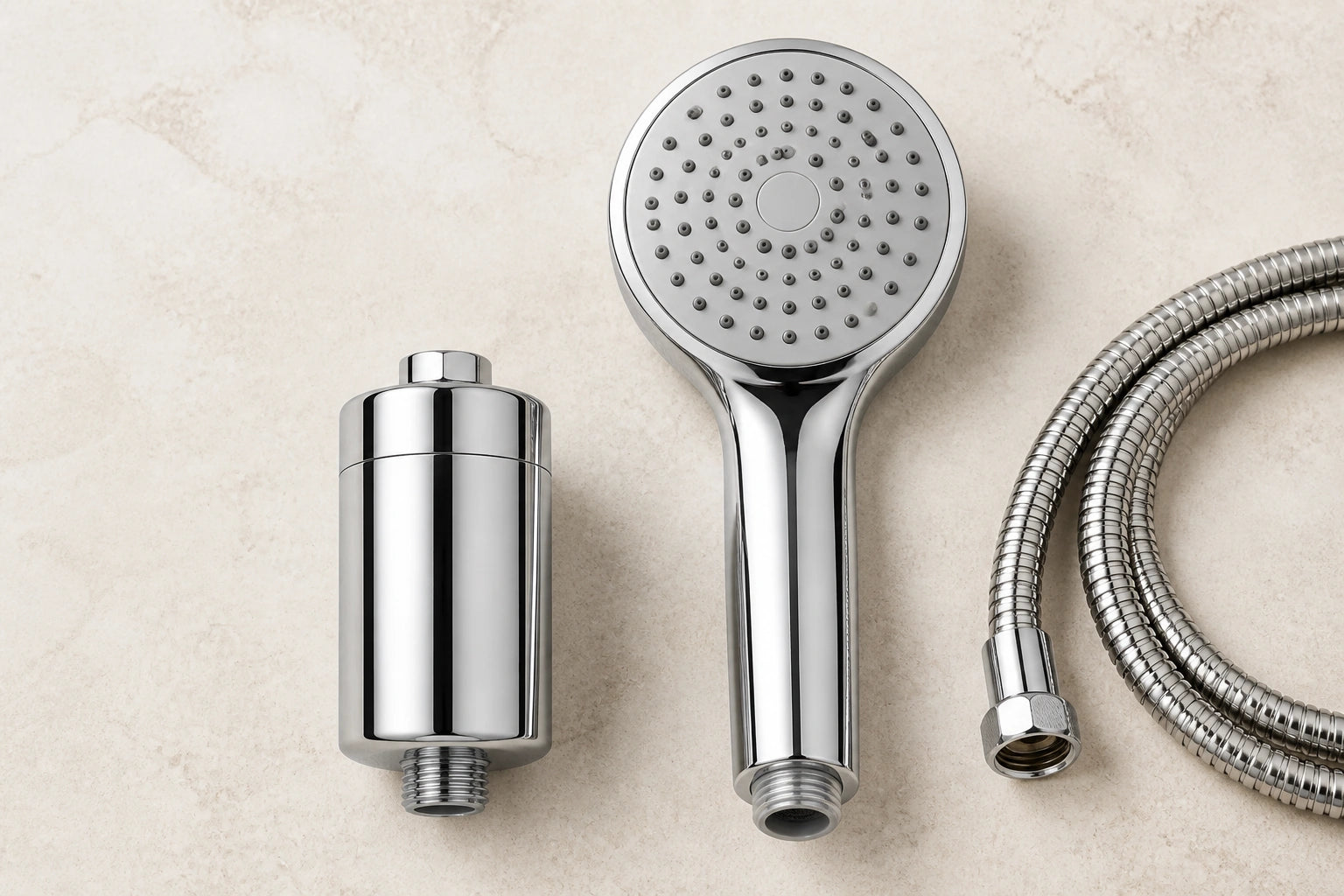 Filtre en ligne WFSH-S à taille réelle à côté d’un pommeau de douche