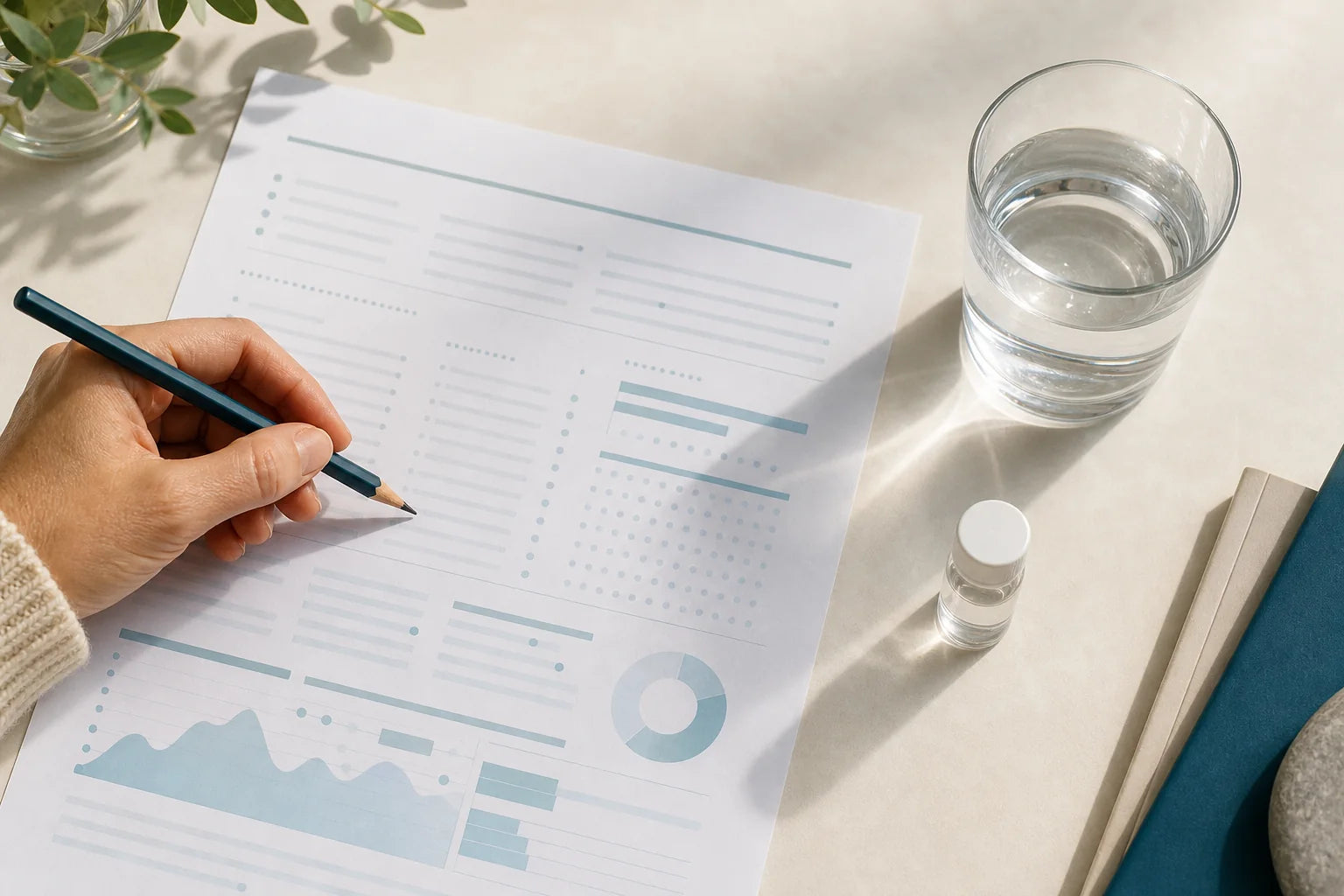 Personne comparant un bulletin d’analyse de l’eau avec un verre d’eau