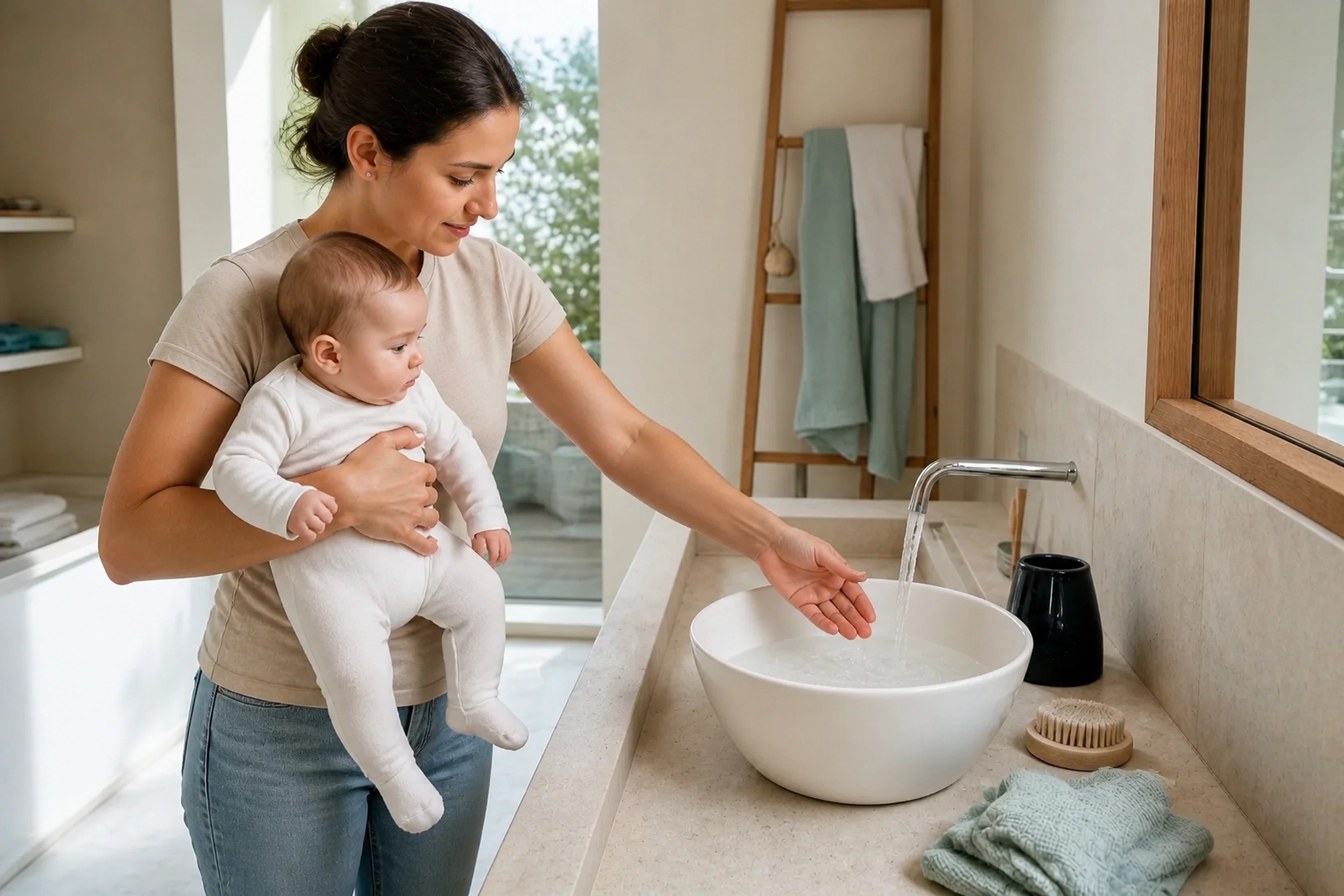 Père portant son bébé et contrôlant l’eau préparée pour sa toilette