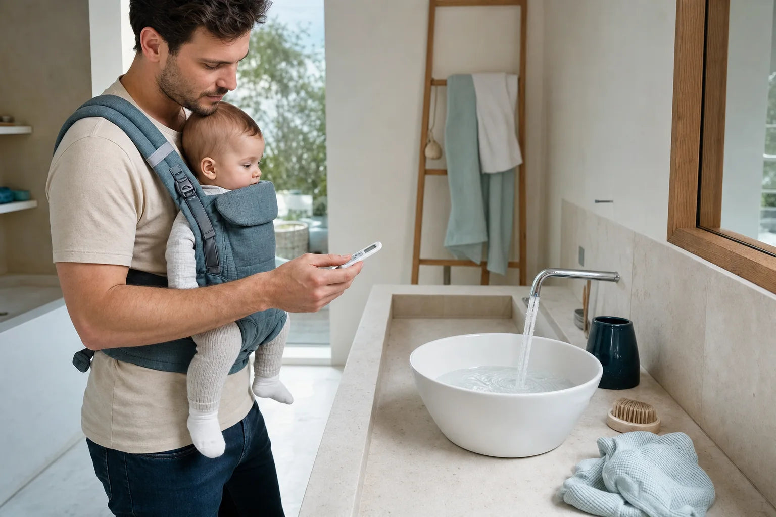 Père portant son bébé et contrôlant l’eau préparée pour sa toilette