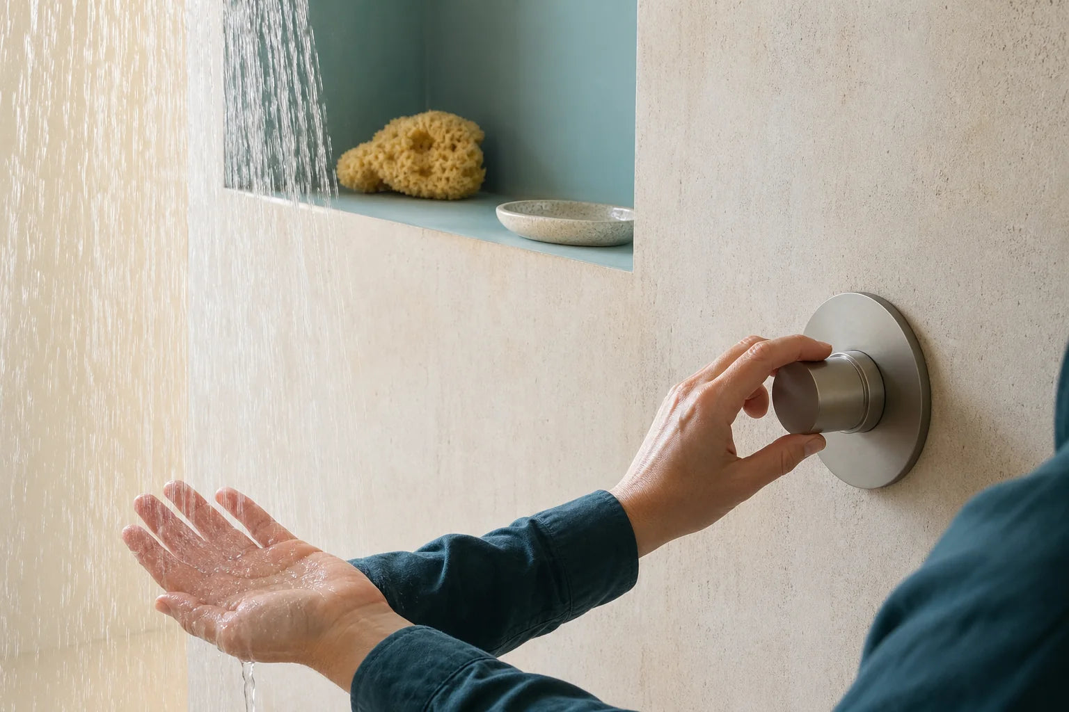 Personne réglant une eau de douche tiède dans une salle de bains claire