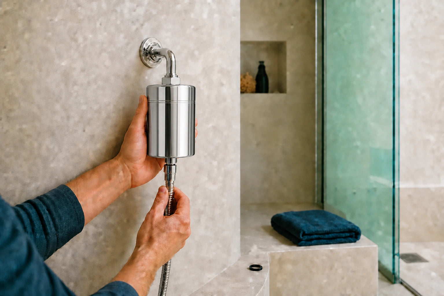Raccordement du filtre de douche entre la sortie d’eau et le flexible