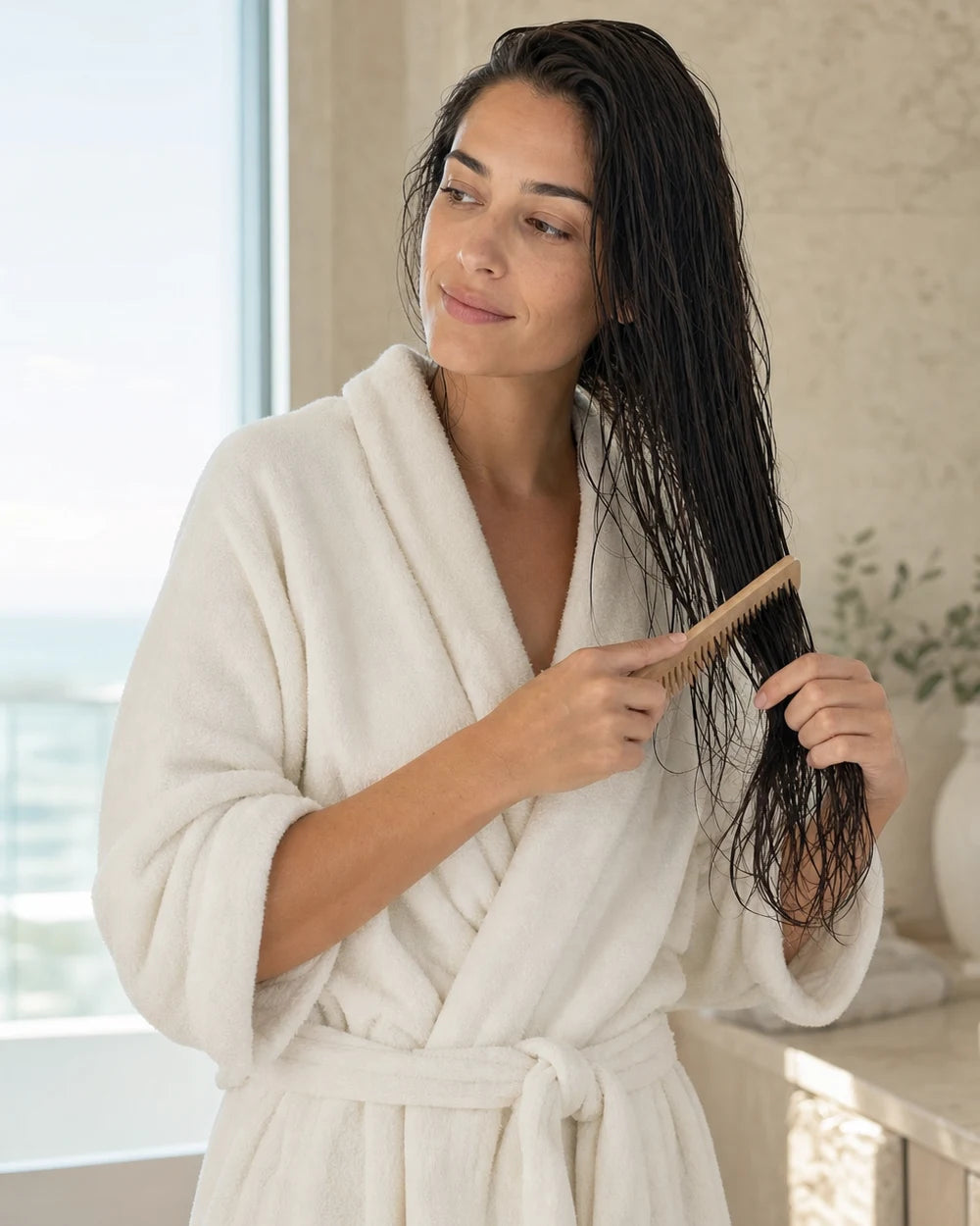 Femme adulte prenant soin de ses cheveux mouillés