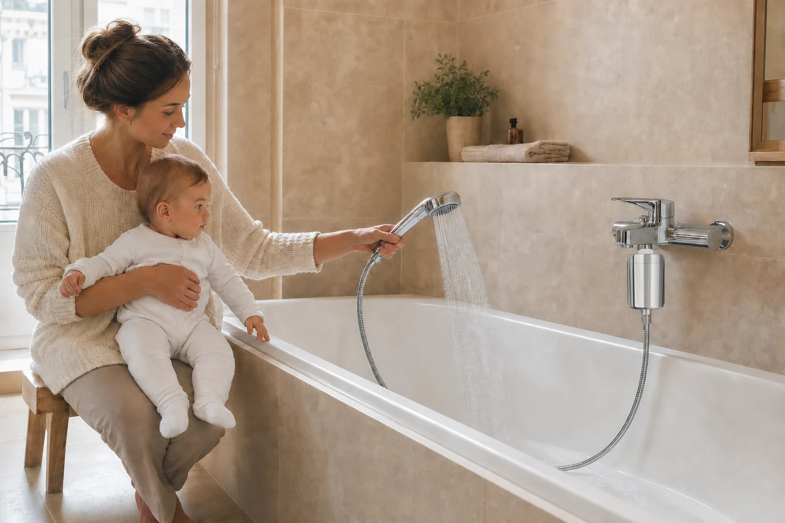 Mère tenant son bébé habillé et remplissant sa baignoire avec une douchette filtrée