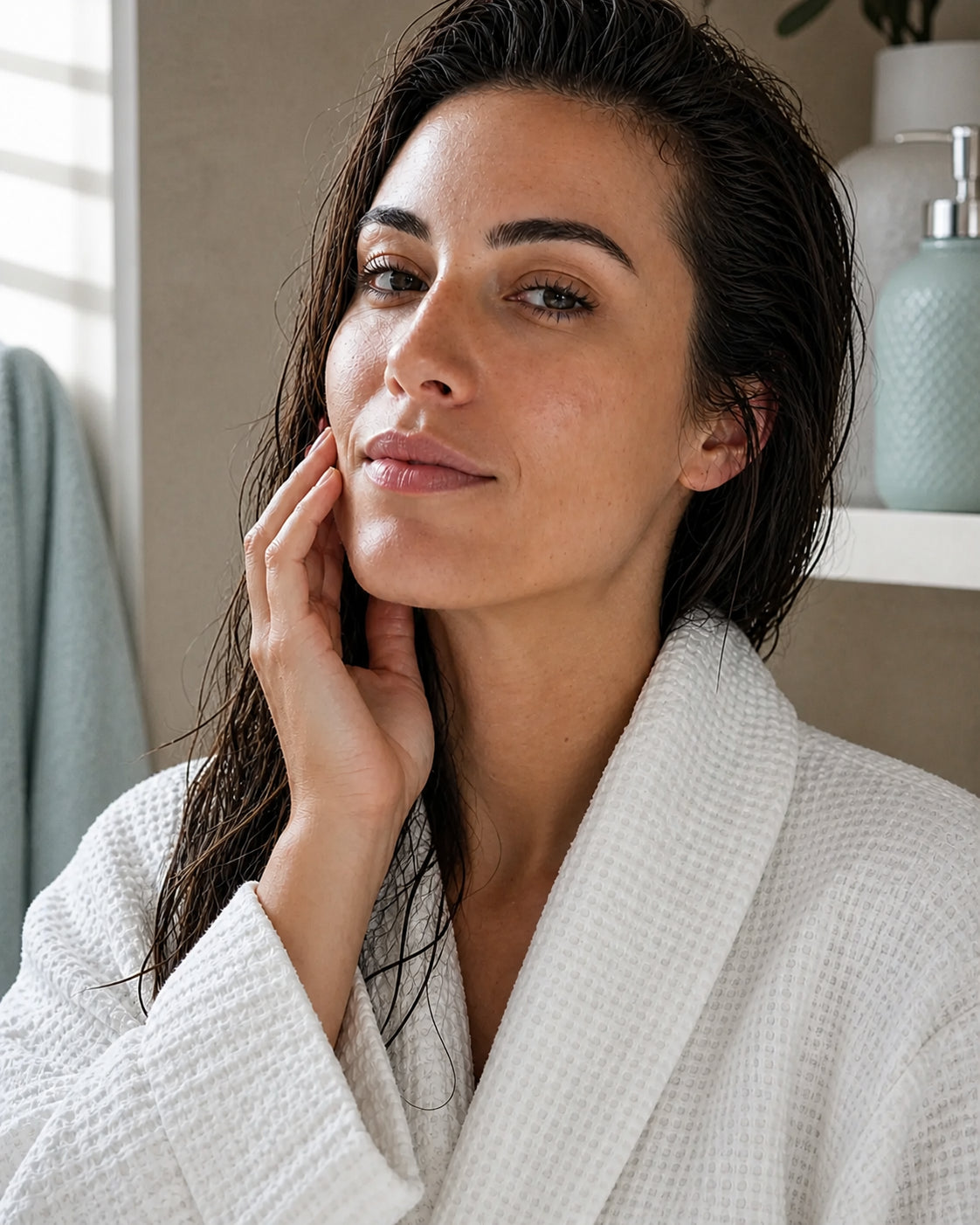Femme touchant sa joue après la douche